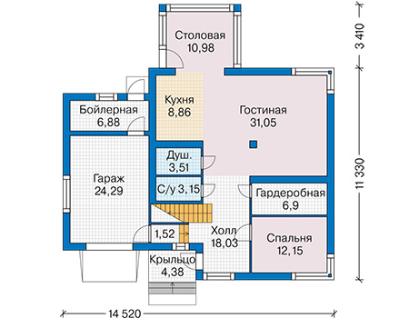 Планировка первого этажа :: Проект дома из газобетона 65-52