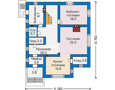 Планировка первого этажа :: Проект дома из газобетона 65-65