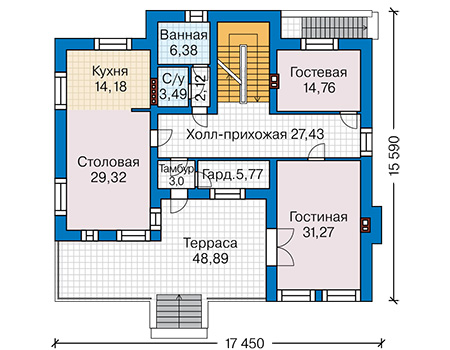 Планировка первого этажа :: Проект дома из газобетона 66-52