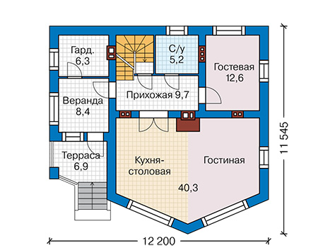 Планировка первого этажа :: Проект дома из газобетона 66-53