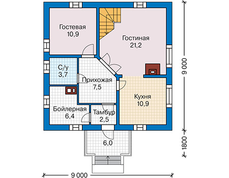 Планировка первого этажа :: Проект дома из газобетона 66-65