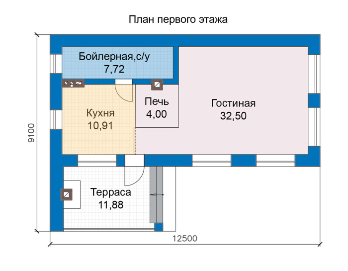 Планировка первого этажа :: Проект дома из газобетона 66-74