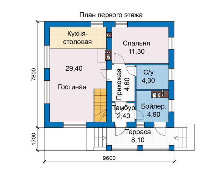 Планировка первого этажа :: Проект дома из газобетона 66-84