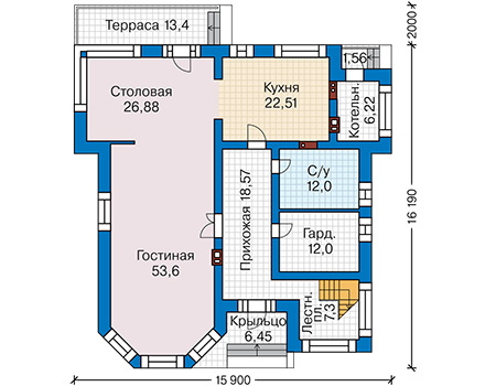 Планировка первого этажа :: Проект дома из газобетона 66-87