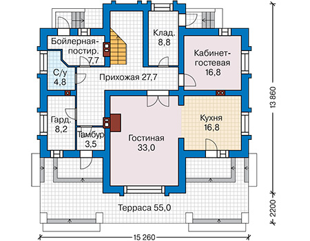 Планировка первого этажа :: Проект дома из газобетона 67-07