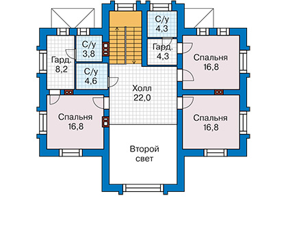 Планировка второго этажа :: Проект дома из газобетона 67-07