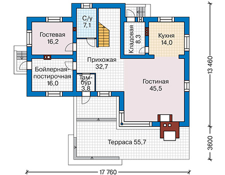 Планировка первого этажа :: Проект дома из газобетона 67-55