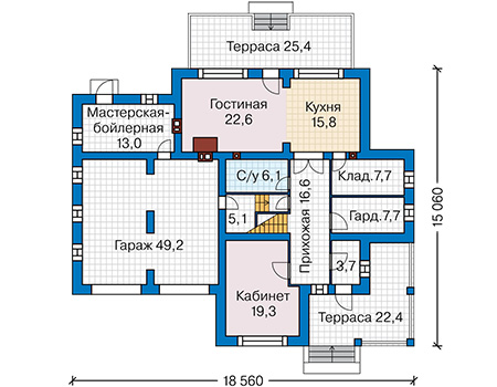 Планировка первого этажа :: Проект дома из газобетона 67-62