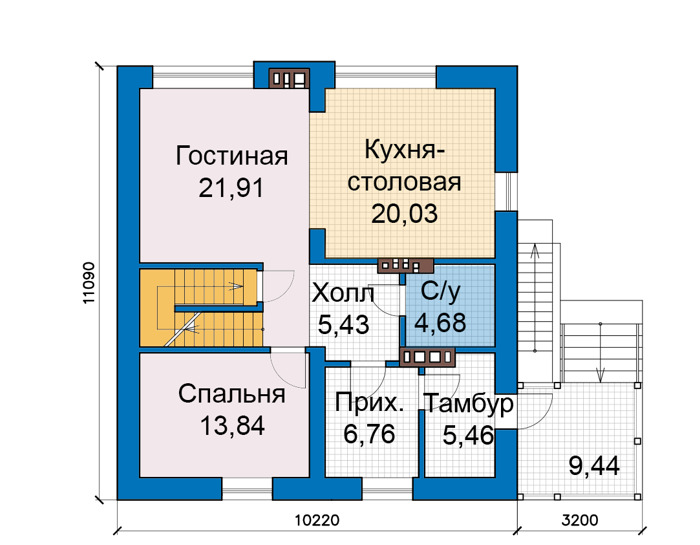 Планировка первого этажа :: Проект дома из газобетона 68-44