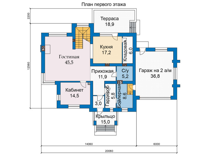 Планировка первого этажа :: Проект дома из газобетона 68-52