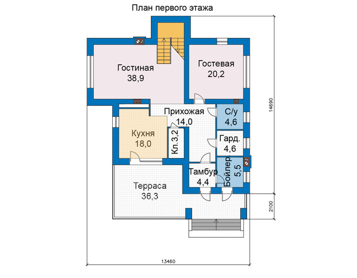 Планировка первого этажа :: Проект дома из газобетона 68-54