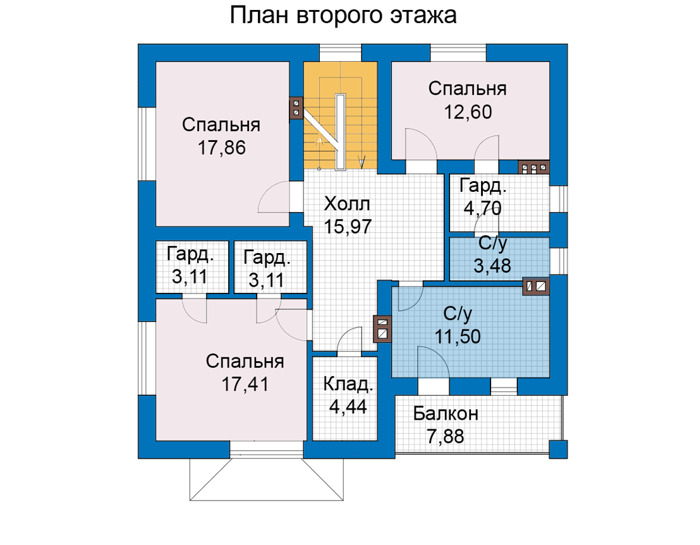 Планировка второго этажа :: Проект дома из газобетона 68-72