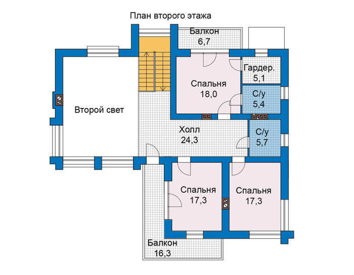 Планировка второго этажа :: Проект дома из газобетона 68-92