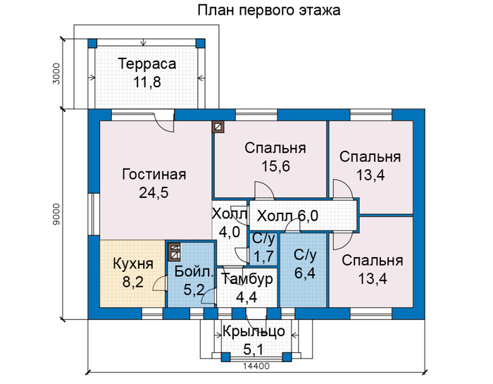 Планировка первого этажа :: Проект дома из газобетона 69-01