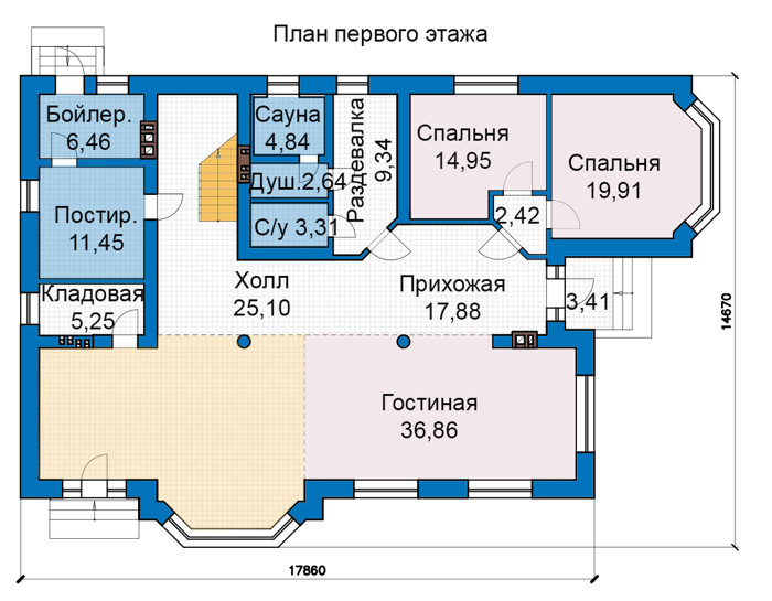 Планировка первого этажа :: Проект дома из газобетона 69-16