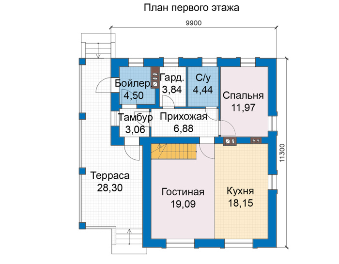 Планировка первого этажа :: Проект дома из газобетона 69-33