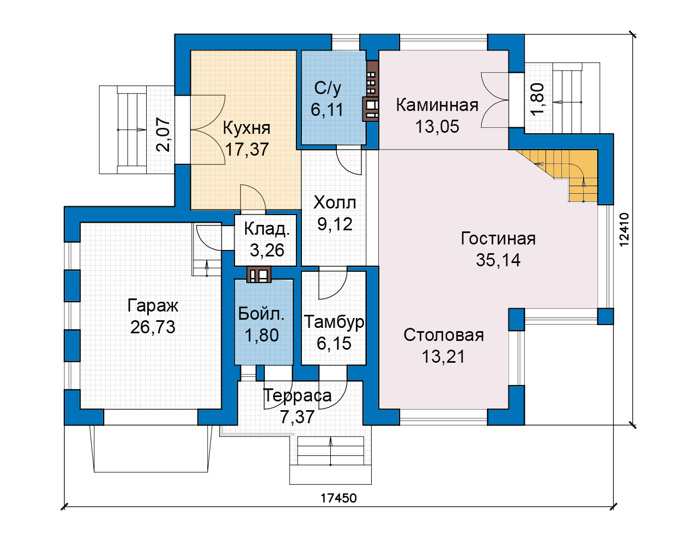 Планировка первого этажа :: Проект дома из газобетона 69-69