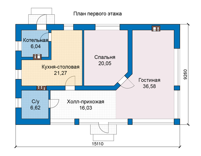 Планировка первого этажа :: Проект дома из газобетона 69-85