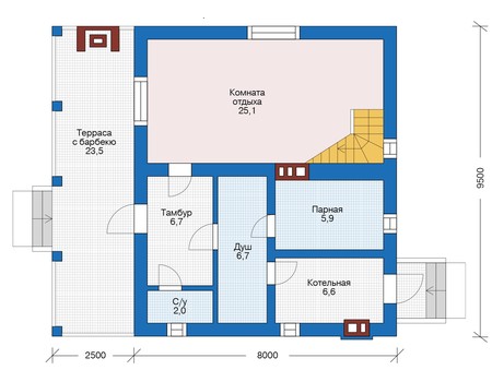 Планировка первого этажа :: Проект дома из кирпича 73-28