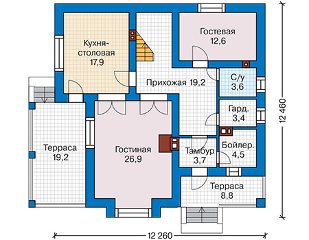 Планировка первого этажа :: Проект дома из кирпича 74-47