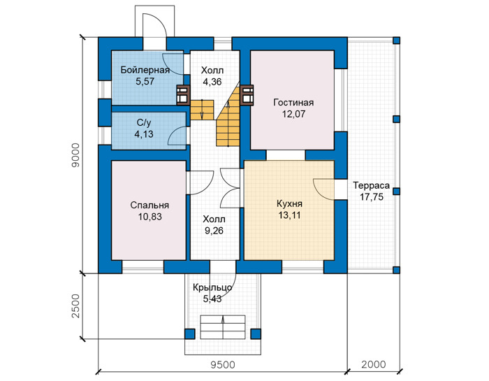 Планировка первого этажа :: Проект дома из кирпича 74-57