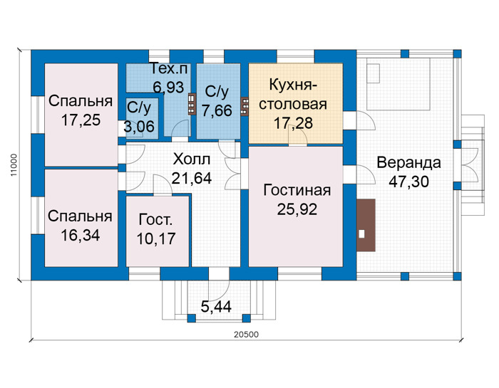 Планировка первого этажа :: Проект дома из кирпича 74-60