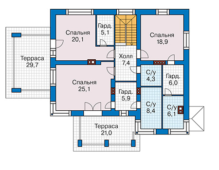 Планировка второго этажа :: Проект дома из кирпича 74-61