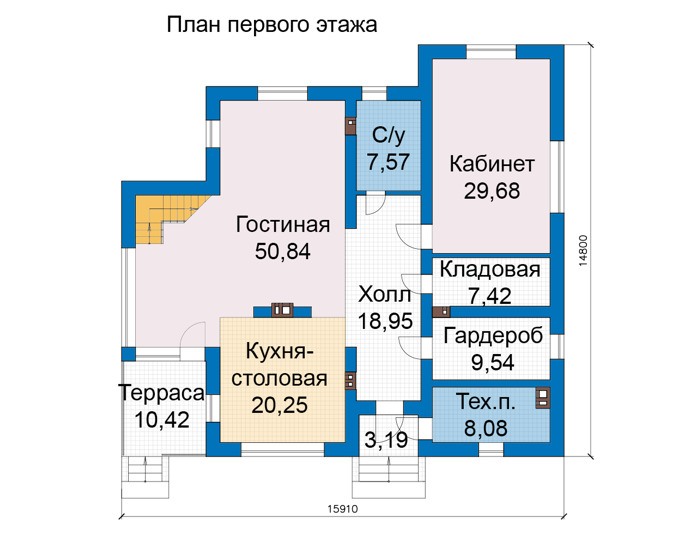 Планировка первого этажа :: Проект дома из кирпича 74-66