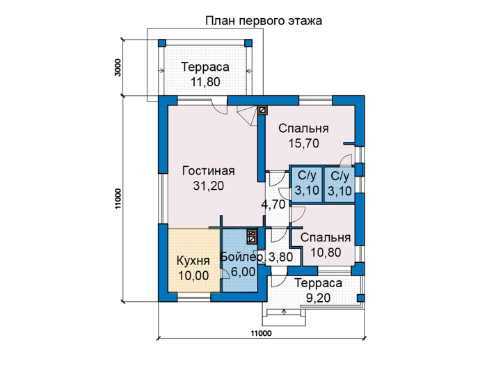 Планировка первого этажа :: Проект дома из кирпича 74-70