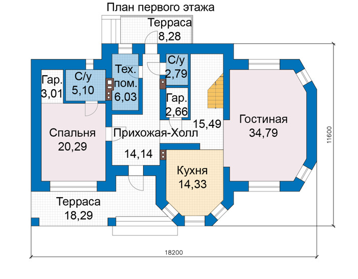 Планировка первого этажа :: Проект дома из кирпича 74-74