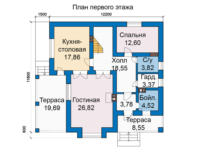 Планировка первого этажа :: Проект дома из кирпича 74-77