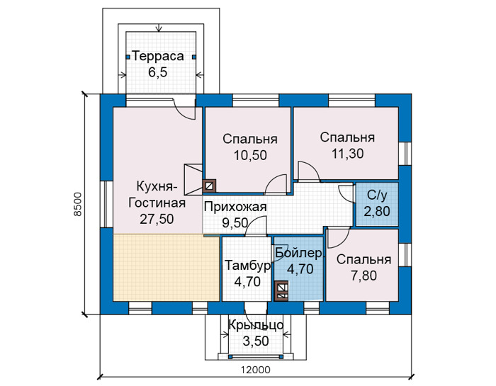 Планировка первого этажа :: Проект дома из кирпича 75-34