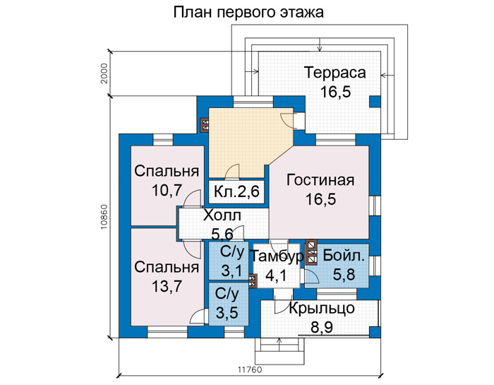 Планировка первого этажа :: Проект дома из кирпича 75-43