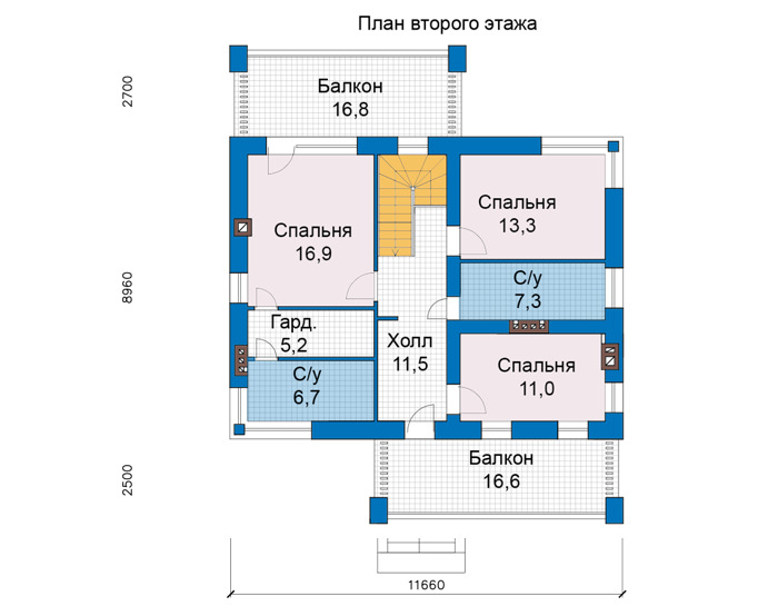 Планировка второго этажа :: Проект дома из кирпича 75-67