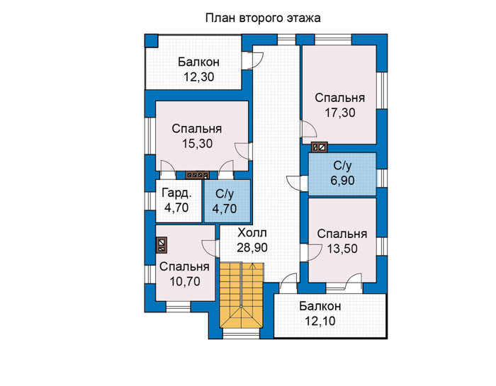 Планировка второго этажа :: Проект дома из газобетона 80-51