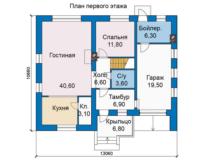 Планировка первого этажа :: Проект дома из газобетона 80-62