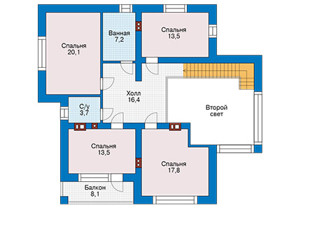 Планировка второго этажа :: Проект дома из газобетона 81-72