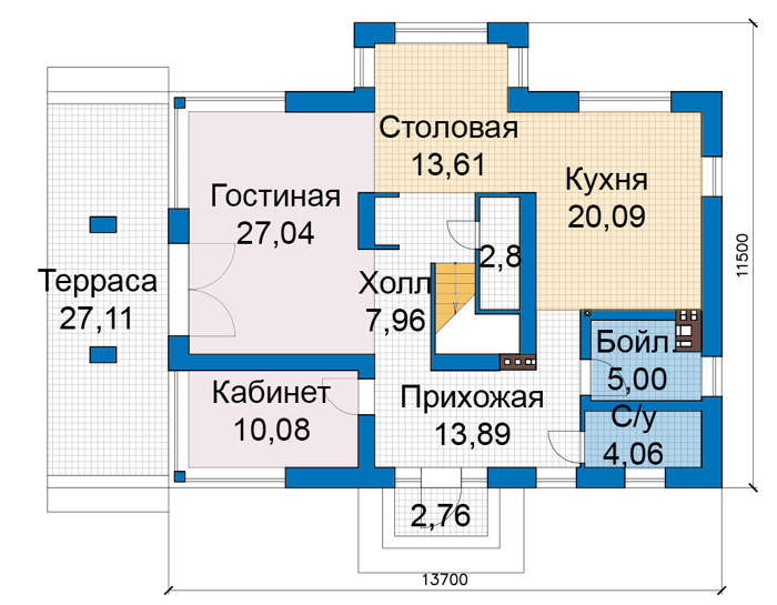 Планировка первого этажа :: Проект дома из газобетона 82-76