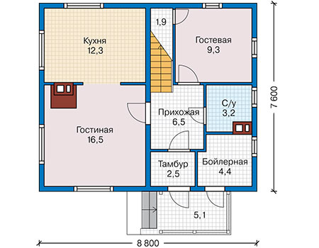 Планировка первого этажа :: Проект каркасного дома 90-77