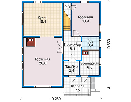 Планировка первого этажа :: Проект каркасного дома 90-86